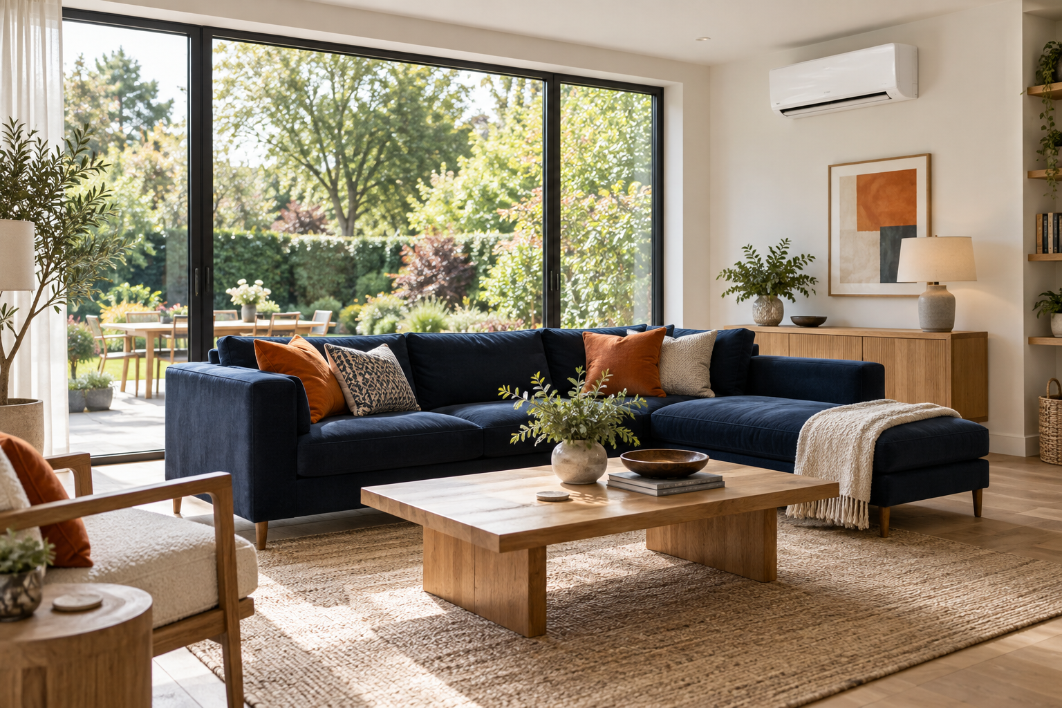 Contemporary living room with wall-mounted air conditioning
